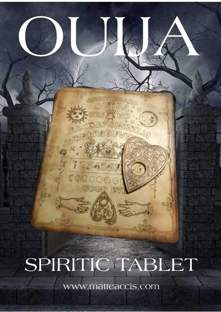 Tavola Ouija in legno con planchette, tavola divinatoria, tavola degli